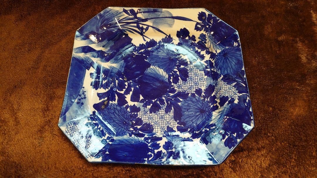 古伊万里　伊万里　染付　華の図　八角皿　１客